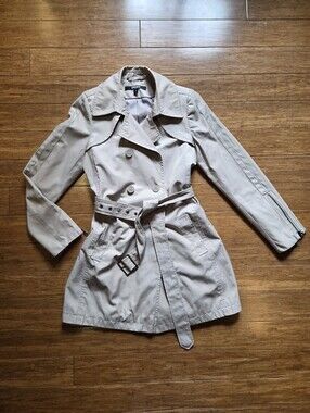DKNY Khaki Belted Trench Coat Womens Small Zip Sleeve Lightweight Rain Jacket S